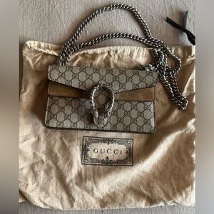 Gucci Beige GG Supreme Shoulder Bag with Pewter Chain and Crystal Embellishment